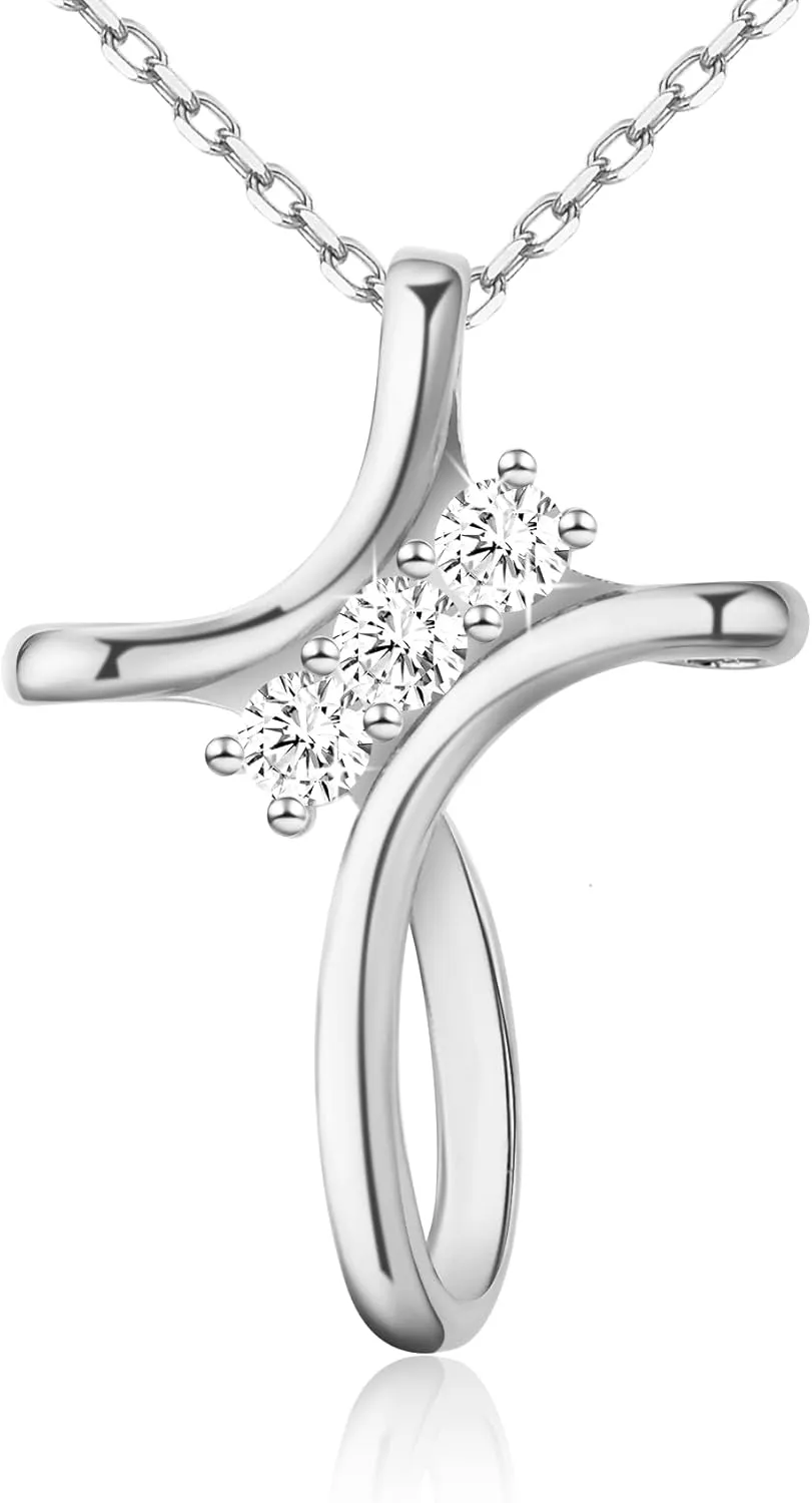 Cross Necklace for Women, 925 Sterling Silver 18K Gold Plated Diamond Necklace for Women, Cross Pendant with 3 Stone 5A Cubic Zirconia, Birthday Christmas Jewelry Gifts for Women Her, 20 Inches