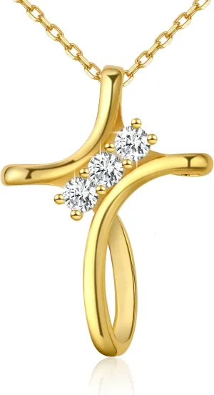 Cross Necklace for Women, 925 Sterling Silver 18K Gold Plated Diamond Necklace for Women, Cross Pendant with 3 Stone 5A Cubic Zirconia, Birthday Christmas Jewelry Gifts for Women Her, 20 Inches
