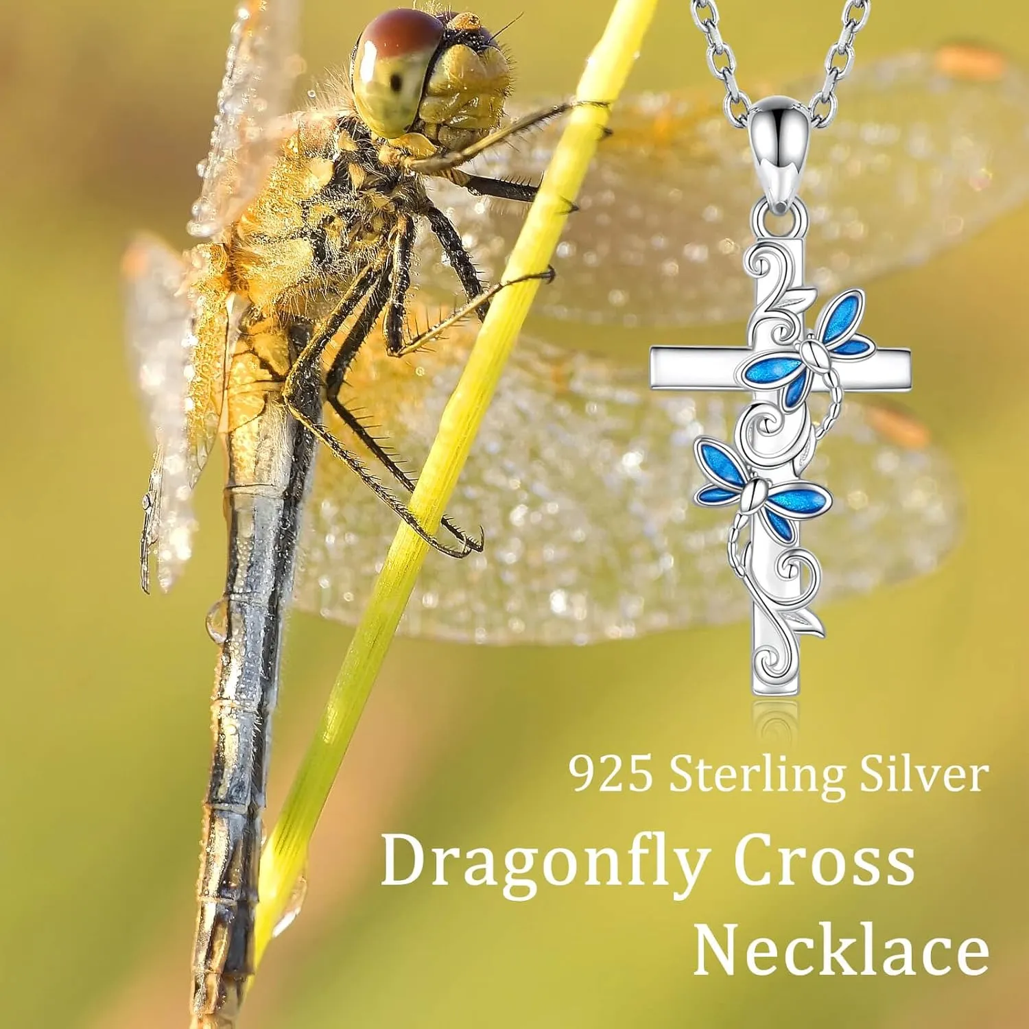 Cross Necklace for Women - 925 Sterling Silver Dragonfly/Ladybug Pendant Christian Religious Jewelry Unique Gifts for Her