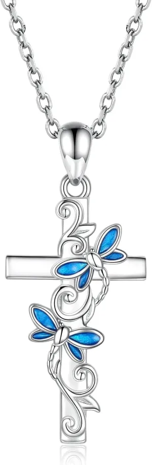 Cross Necklace for Women - 925 Sterling Silver Dragonfly/Ladybug Pendant Christian Religious Jewelry Unique Gifts for Her