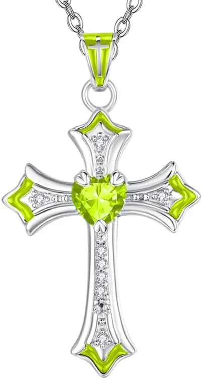 Cross Necklaces Heart Birthstone Birthday Gifts for Women, 18K White Gold Plated Crucifix Pendant Necklace Jewelry Religious Anniversary christmas Gifts for Wife Mom Her