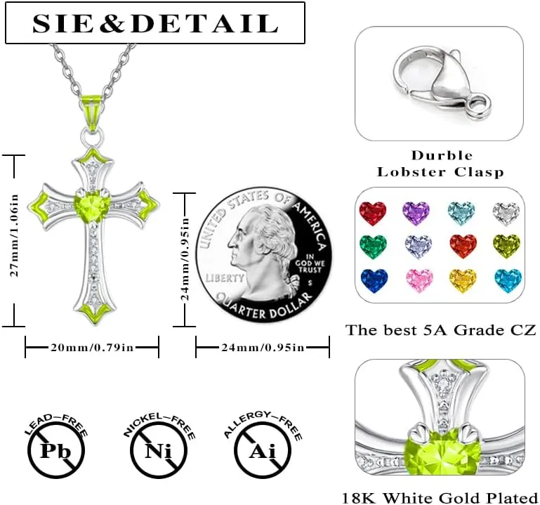 Cross Necklaces Heart Birthstone Birthday Gifts for Women, 18K White Gold Plated Crucifix Pendant Necklace Jewelry Religious Anniversary christmas Gifts for Wife Mom Her