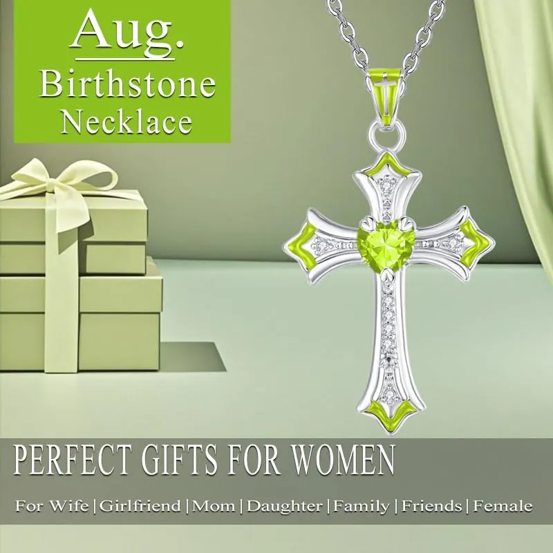 Cross Necklaces Heart Birthstone Birthday Gifts for Women, 18K White Gold Plated Crucifix Pendant Necklace Jewelry Religious Anniversary christmas Gifts for Wife Mom Her