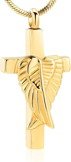 Cross Urn Necklace for Ashes Angel Wing Cremation Jewelry for Women Men Stainless Steel Memorial Necklaces Ash Holder for Human Pets Keepsake Jewelry for Loved Ones with Fill Tool
