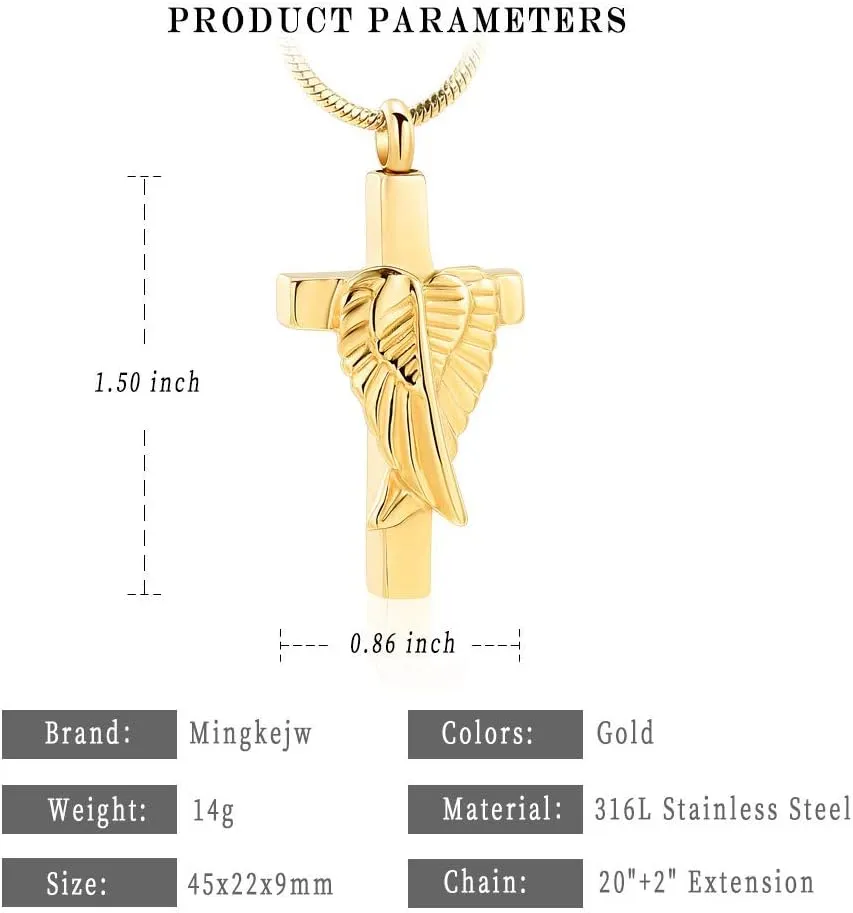 Cross Urn Necklace for Ashes Angel Wing Cremation Jewelry for Women Men Stainless Steel Memorial Necklaces Ash Holder for Human Pets Keepsake Jewelry for Loved Ones with Fill Tool