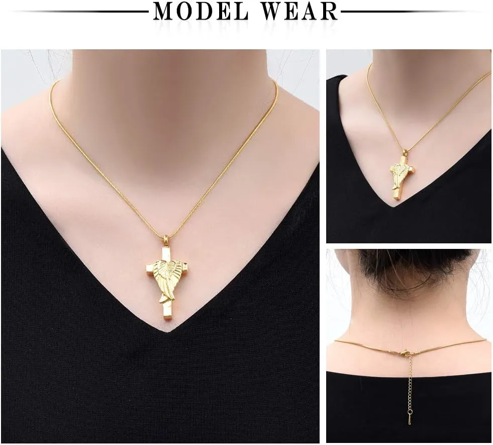 Cross Urn Necklace for Ashes Angel Wing Cremation Jewelry for Women Men Stainless Steel Memorial Necklaces Ash Holder for Human Pets Keepsake Jewelry for Loved Ones with Fill Tool
