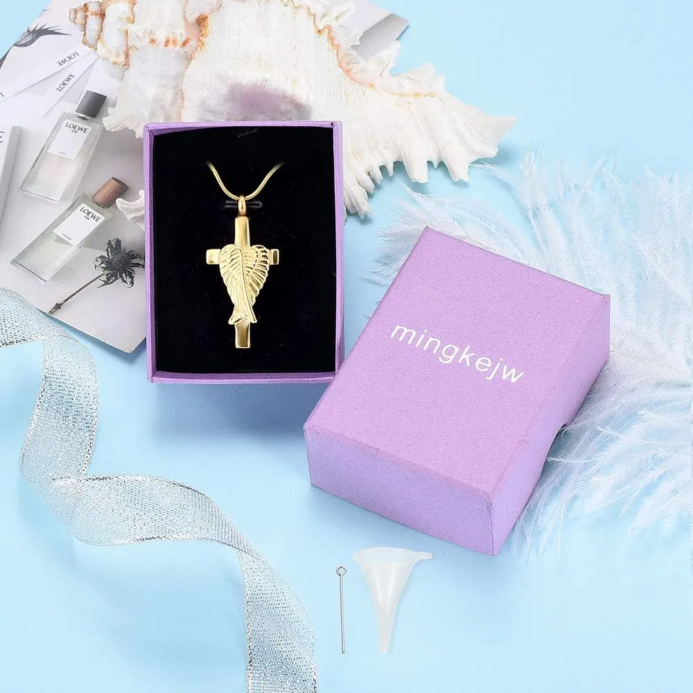 Cross Urn Necklace for Ashes Angel Wing Cremation Jewelry for Women Men Stainless Steel Memorial Necklaces Ash Holder for Human Pets Keepsake Jewelry for Loved Ones with Fill Tool