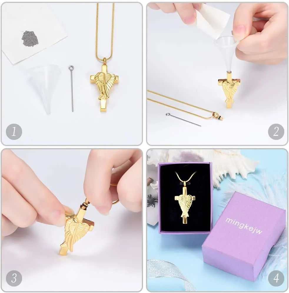 Cross Urn Necklace for Ashes Angel Wing Cremation Jewelry for Women Men Stainless Steel Memorial Necklaces Ash Holder for Human Pets Keepsake Jewelry for Loved Ones with Fill Tool