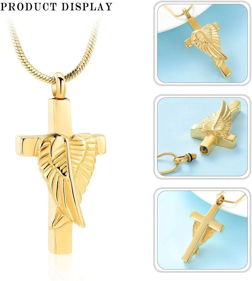 Cross Urn Necklace for Ashes Angel Wing Cremation Jewelry for Women Men Stainless Steel Memorial Necklaces Ash Holder for Human Pets Keepsake Jewelry for Loved Ones with Fill Tool