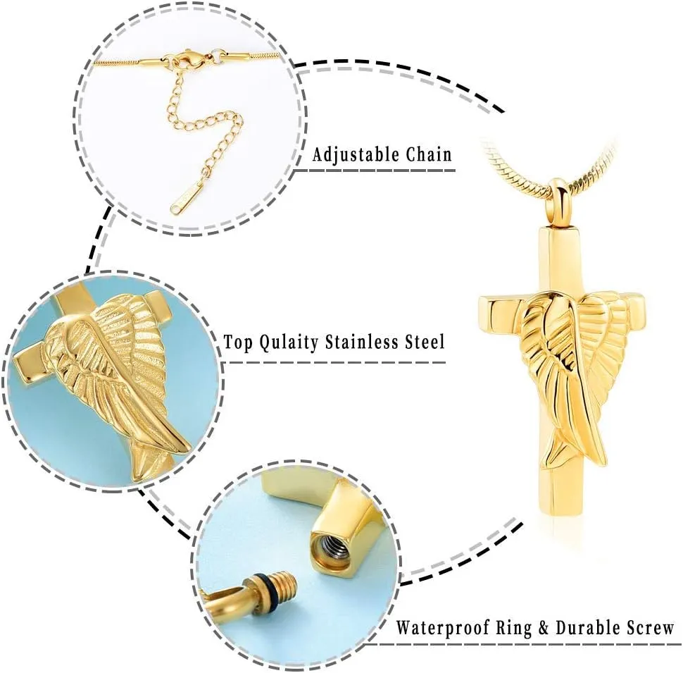 Cross Urn Necklace for Ashes Angel Wing Cremation Jewelry for Women Men Stainless Steel Memorial Necklaces Ash Holder for Human Pets Keepsake Jewelry for Loved Ones with Fill Tool