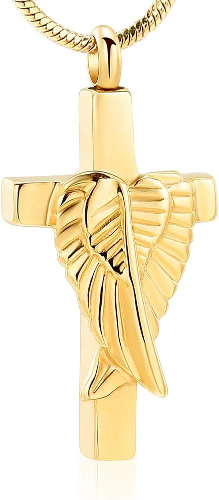 Cross Urn Necklace for Ashes Angel Wing Cremation Jewelry for Women Men Stainless Steel Memorial Necklaces Ash Holder for Human Pets Keepsake Jewelry for Loved Ones with Fill Tool