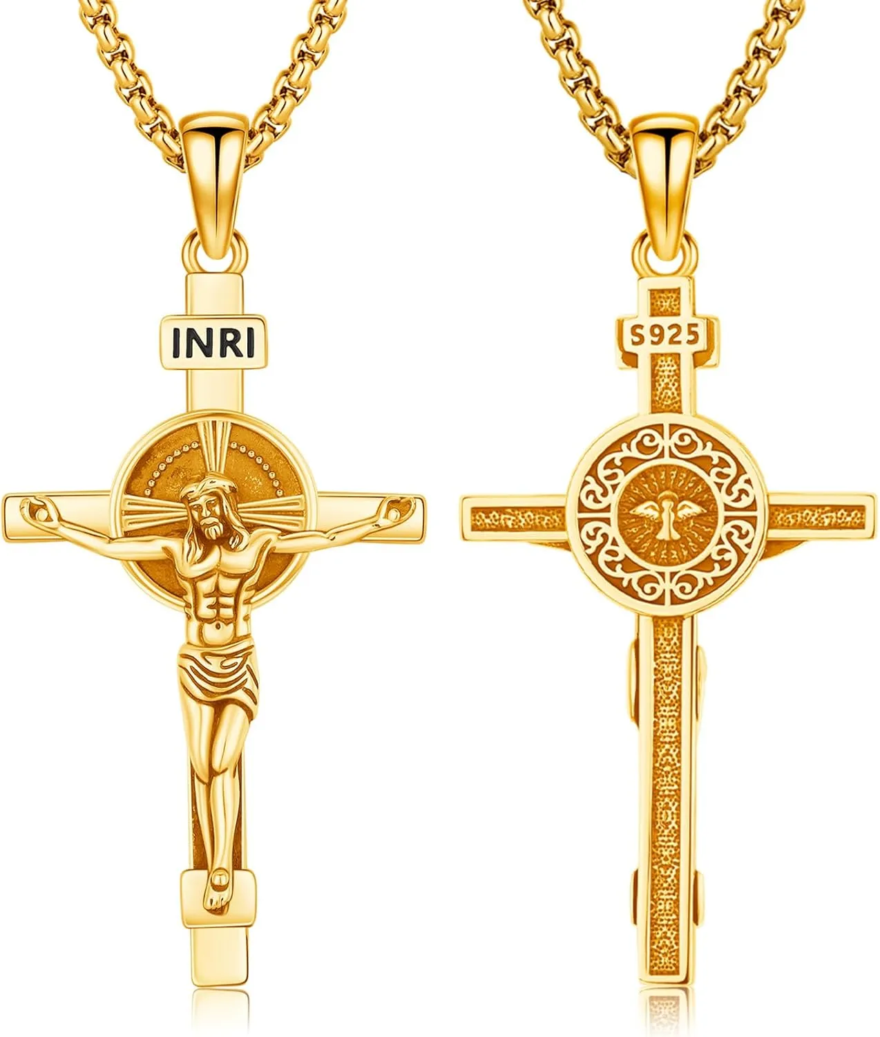 Crucifix Cross Necklace for Men Women, 925 Sterling Silver Catholic Jesus Cross Christian Jewelry Protection Amulet Pendant Necklace