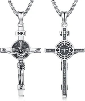 Crucifix Cross Necklace for Men Women, 925 Sterling Silver Catholic Jesus Cross Christian Jewelry Protection Amulet Pendant Necklace
