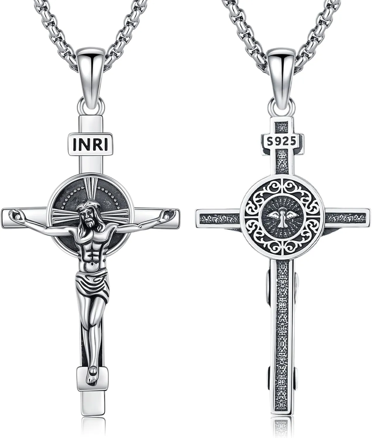 Crucifix Cross Necklace for Men Women, 925 Sterling Silver Catholic Jesus Cross Christian Jewelry Protection Amulet Pendant Necklace