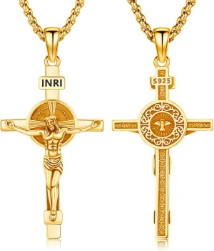 Crucifix Cross Necklace for Men Women, 925 Sterling Silver Catholic Jesus Cross Christian Jewelry Protection Amulet Pendant Necklace