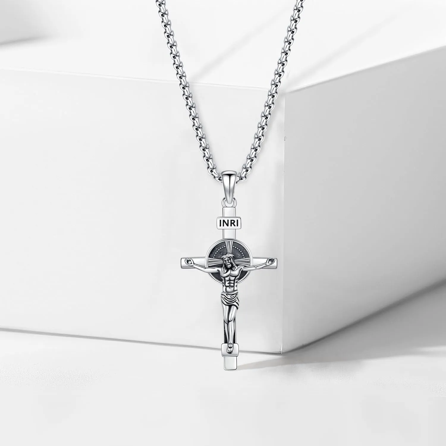 Crucifix Cross Necklace for Men Women, 925 Sterling Silver Catholic Jesus Cross Christian Jewelry Protection Amulet Pendant Necklace