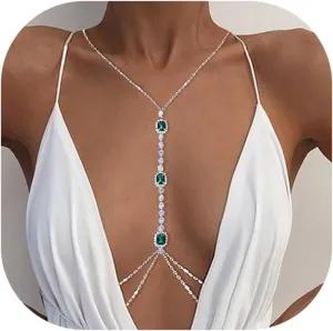 Crystal Green Pendant Bra Body Chain,Sexy Bikini Rhinestone Harness Body Chain Festival Rave Chain Bra Summer Layered Waist Chain for Women