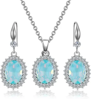 Crystal Jewelry Sets for Women, Silver/Gold Plated Teardrop Oval Pendant Necklace and Earring Rhinestone Dangling Sets Birthday Anniversary Wedding Mothers Day Gifts for Women
