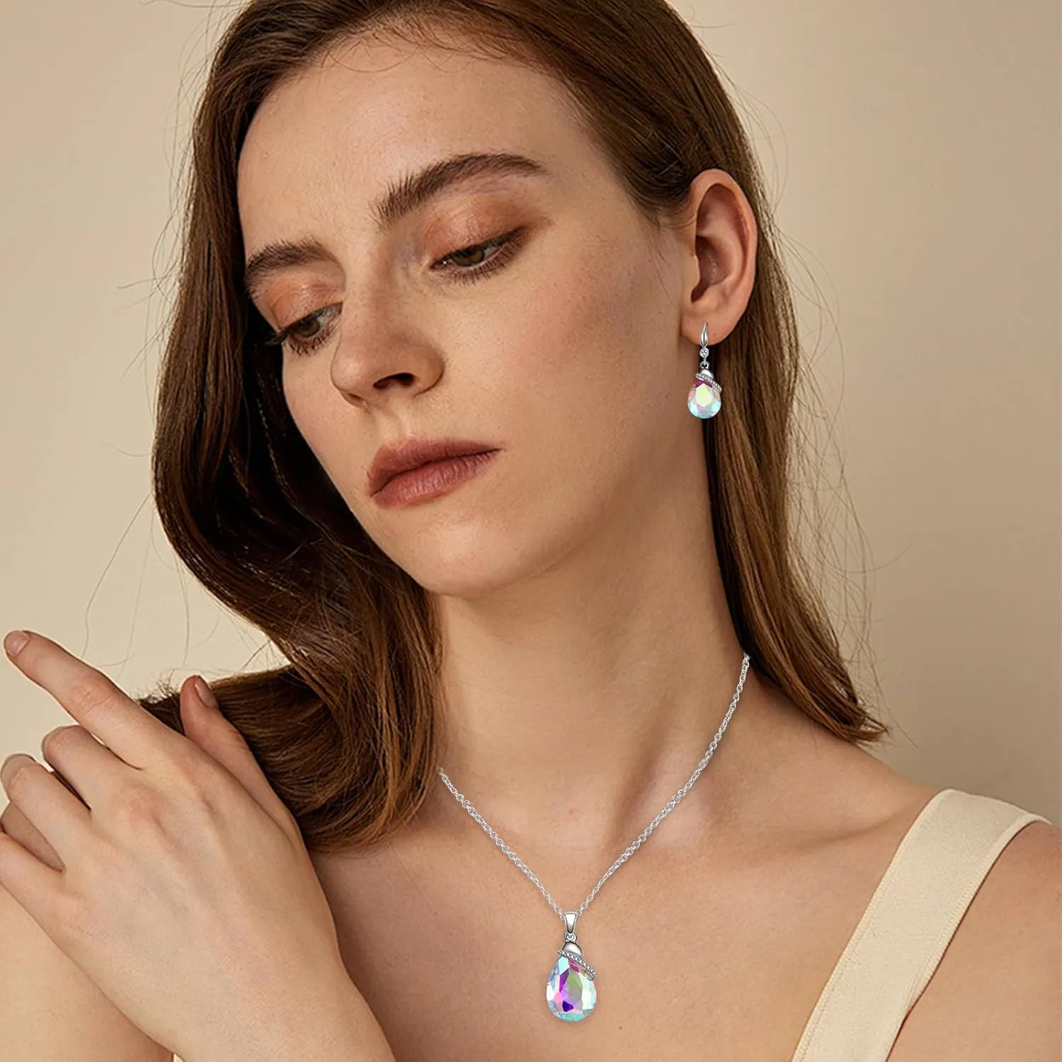 Crystal Jewelry Sets for Women, Silver/Gold Plated Teardrop Oval Pendant Necklace and Earring Rhinestone Dangling Sets Birthday Anniversary Wedding Mothers Day Gifts for Women