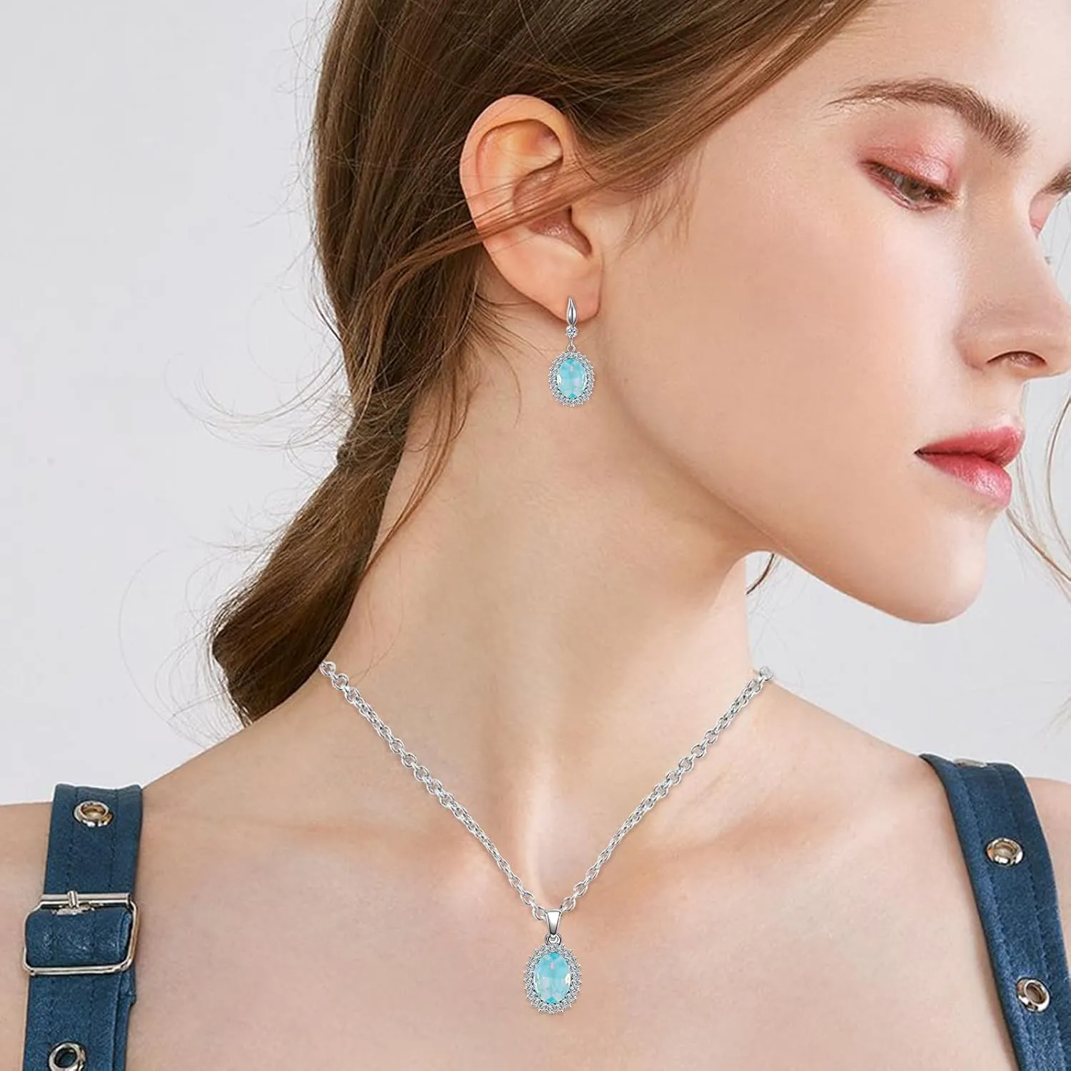 Crystal Jewelry Sets for Women, Silver/Gold Plated Teardrop Oval Pendant Necklace and Earring Rhinestone Dangling Sets Birthday Anniversary Wedding Mothers Day Gifts for Women