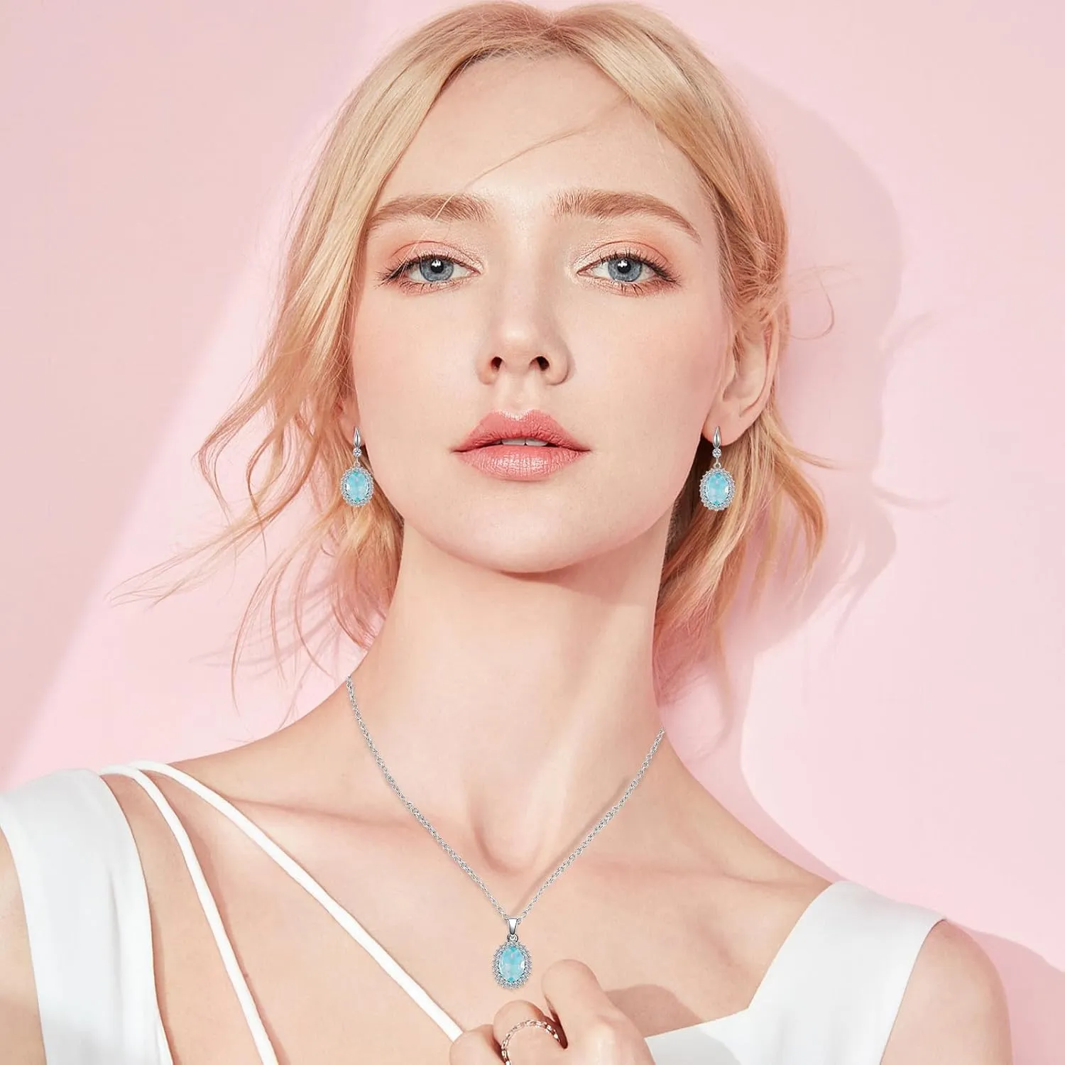 Crystal Jewelry Sets for Women, Silver/Gold Plated Teardrop Oval Pendant Necklace and Earring Rhinestone Dangling Sets Birthday Anniversary Wedding Mothers Day Gifts for Women