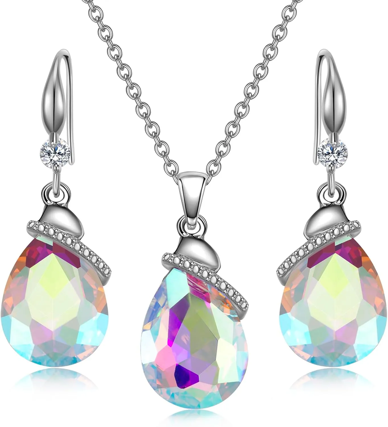 Crystal Jewelry Sets for Women, Silver/Gold Plated Teardrop Oval Pendant Necklace and Earring Rhinestone Dangling Sets Birthday Anniversary Wedding Mothers Day Gifts for Women
