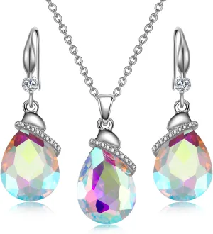 Crystal Jewelry Sets for Women, Silver/Gold Plated Teardrop Oval Pendant Necklace and Earring Rhinestone Dangling Sets Birthday Anniversary Wedding Mothers Day Gifts for Women