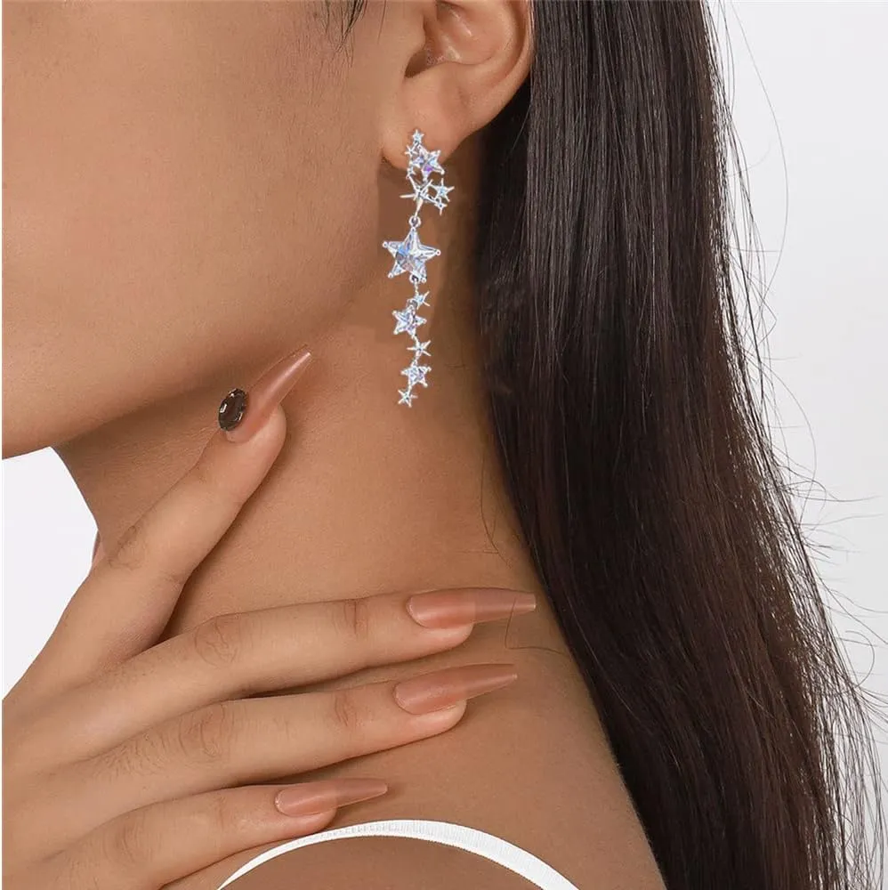 Crystal Long Star Dangle Earrings for Women Girls 925 Sterling Silver Post Pin 14K Gold Plated Shiny Tassel CZ Stars Celestial Charms Drop Dangle Stud Lightweight Fashion Birthday Wedding Party Jewelry Gifts