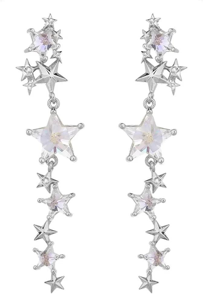 Crystal Long Star Dangle Earrings for Women Girls 925 Sterling Silver Post Pin 14K Gold Plated Shiny Tassel CZ Stars Celestial Charms Drop Dangle Stud Lightweight Fashion Birthday Wedding Party Jewelry Gifts