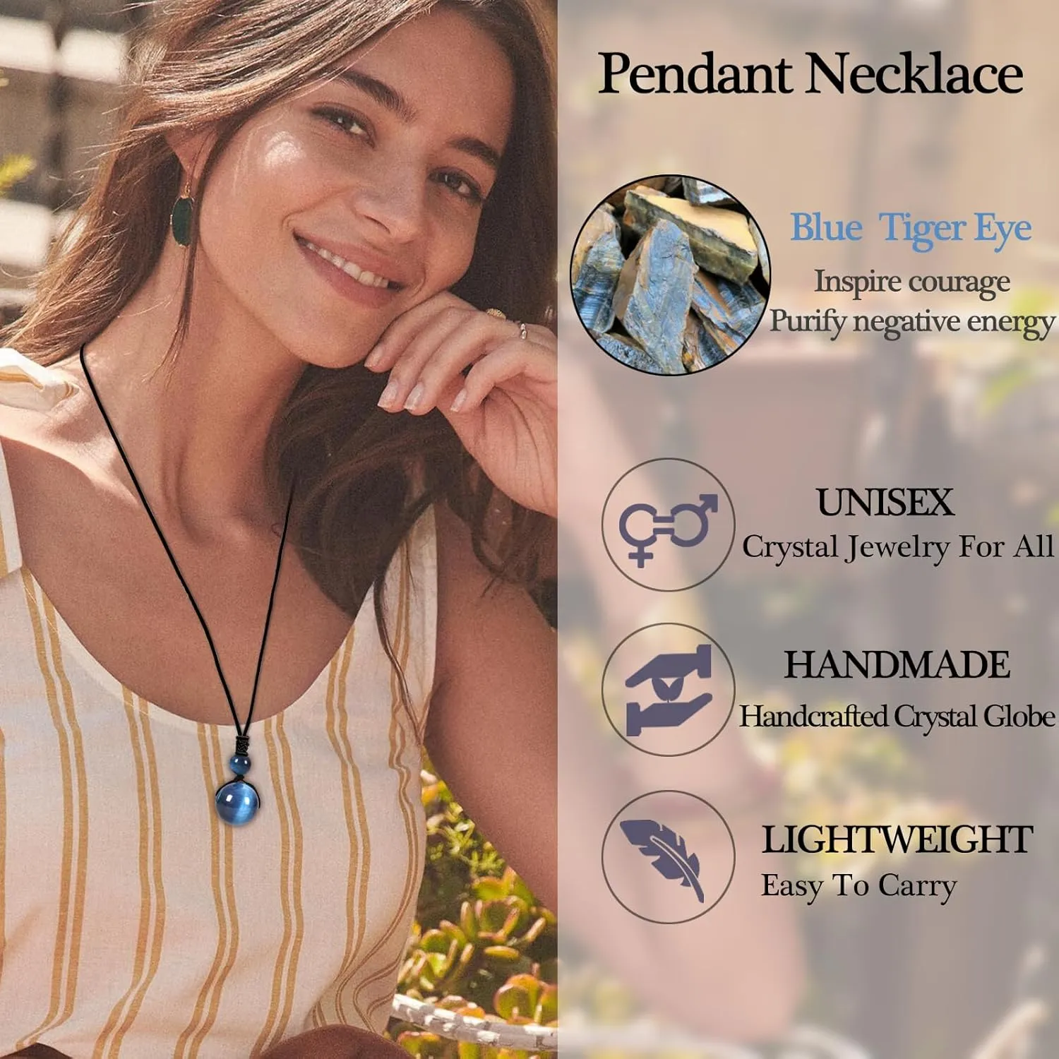 Crystal Necklaces for Women Men, Tigers Eye Amethyst Obsidian Round Necklace for Protection, Crystals and Healing Stones Pendant Jewelry for Spiritual