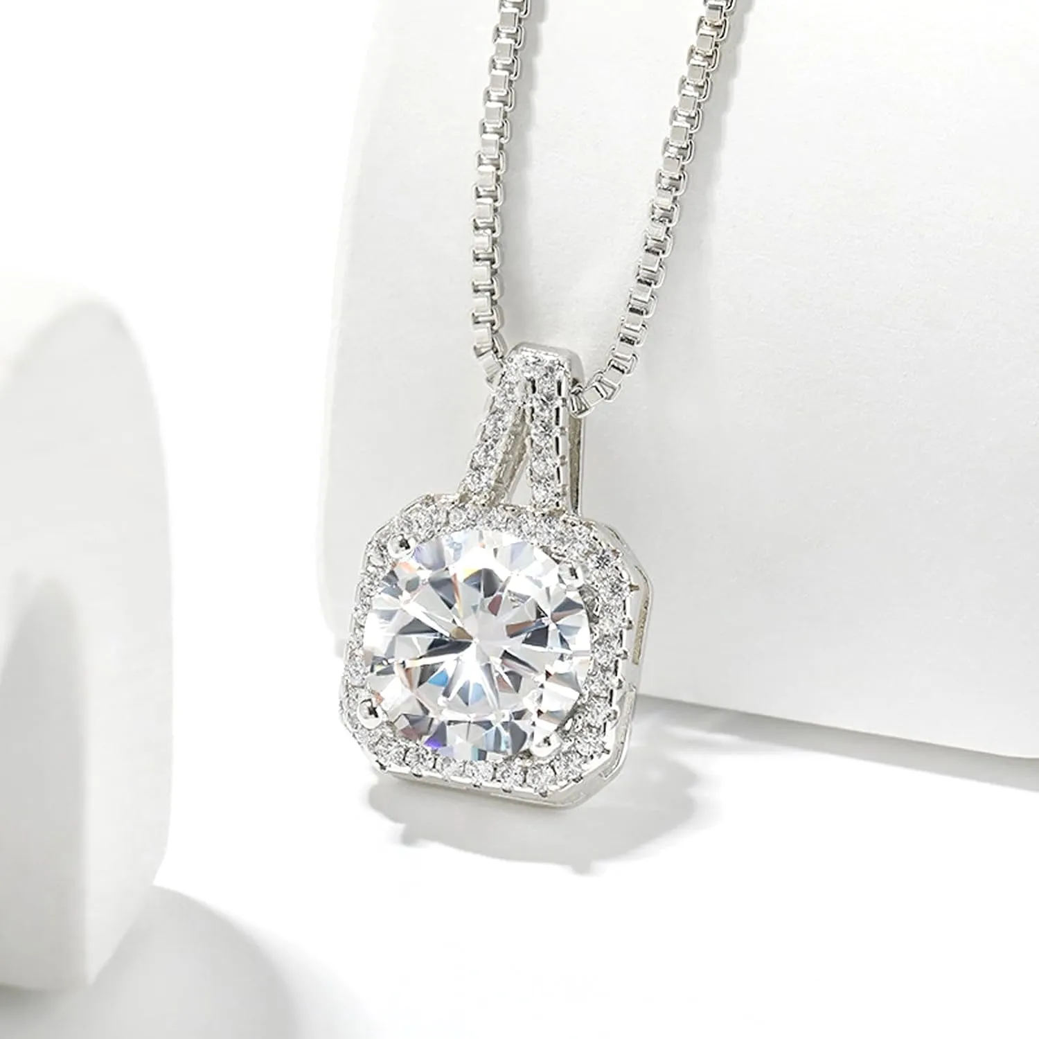 Cubic Zirconia Earrings and Necklace Set for Women 14K White Gold Plated Bridesmaid Jewelry Set for Women Silver Pendant Necklace Hypoallergenic Stud Earrings Set Jewellery Gift for Mom Wife Bride Bridesmaid