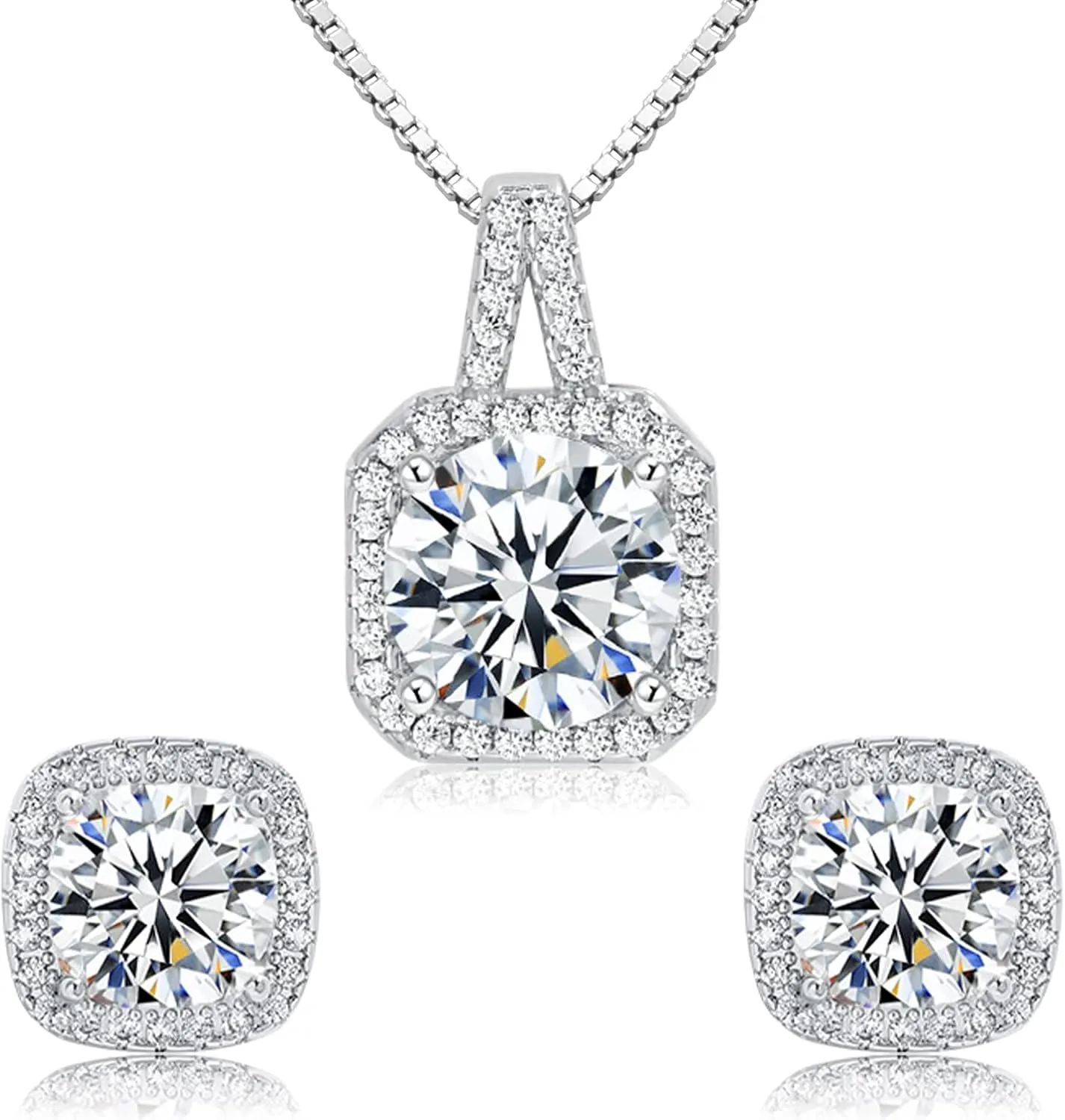 Cubic Zirconia Earrings and Necklace Set for Women 14K White Gold Plated Bridesmaid Jewelry Set for Women Silver Pendant Necklace Hypoallergenic Stud Earrings Set Jewellery Gift for Mom Wife Bride Bridesmaid