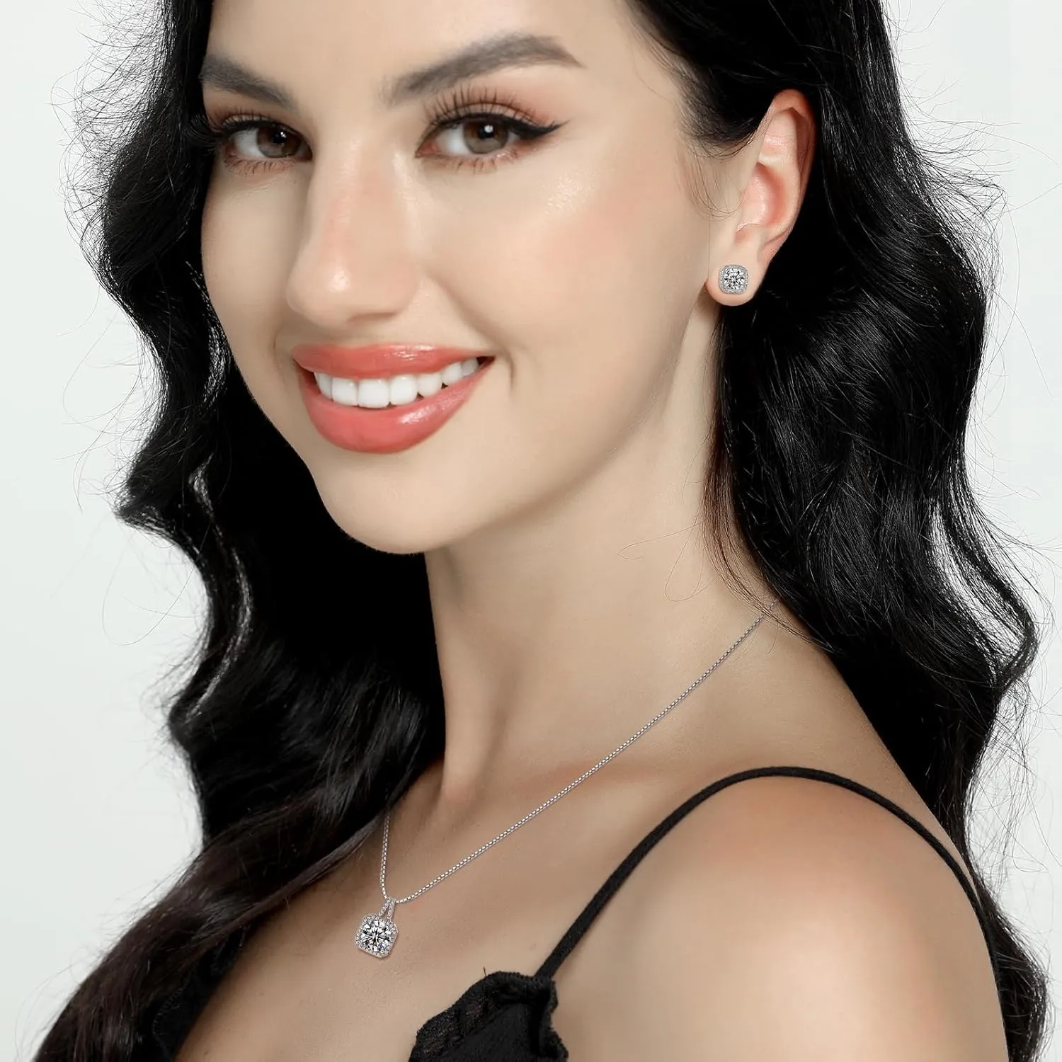 Cubic Zirconia Earrings and Necklace Set for Women 14K White Gold Plated Bridesmaid Jewelry Set for Women Silver Pendant Necklace Hypoallergenic Stud Earrings Set Jewellery Gift for Mom Wife Bride Bridesmaid