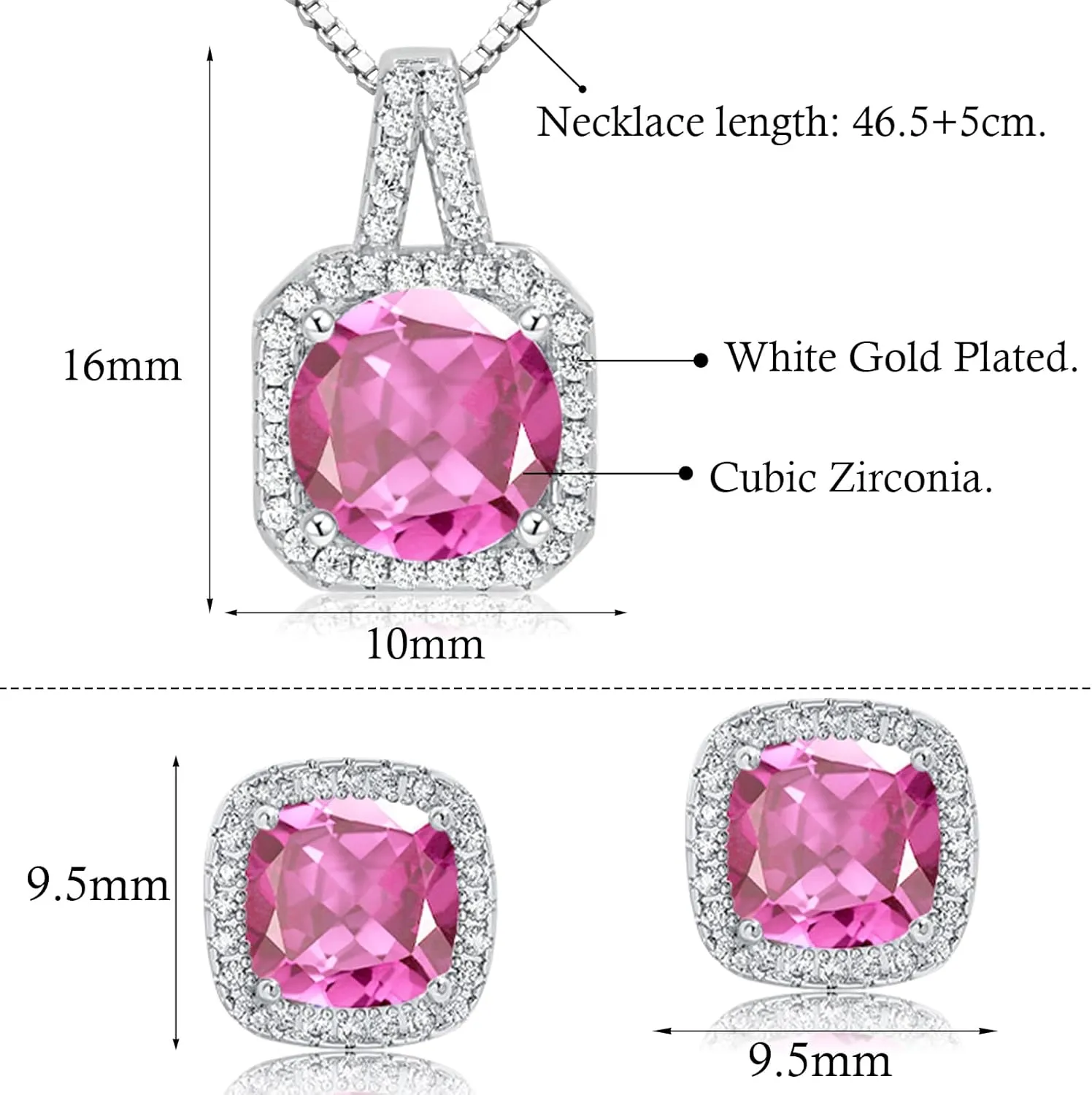 Cubic Zirconia Earrings and Necklace Set for Women 14K White Gold Plated Bridesmaid Jewelry Set for Women Silver Pendant Necklace Hypoallergenic Stud Earrings Set Jewellery Gift for Mom Wife Bride Bridesmaid