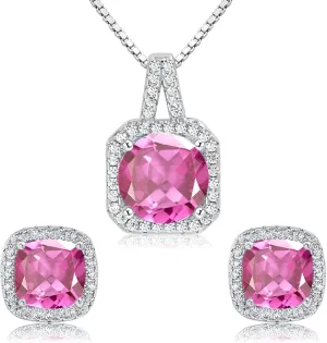 Cubic Zirconia Earrings and Necklace Set for Women 14K White Gold Plated Bridesmaid Jewelry Set for Women Silver Pendant Necklace Hypoallergenic Stud Earrings Set Jewellery Gift for Mom Wife Bride Bridesmaid