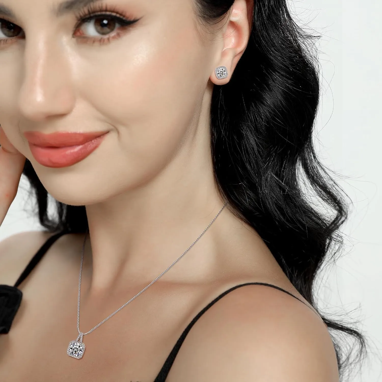 Cubic Zirconia Earrings and Necklace Set for Women 14K White Gold Plated Bridesmaid Jewelry Set for Women Silver Pendant Necklace Hypoallergenic Stud Earrings Set Jewellery Gift for Mom Wife Bride Bridesmaid
