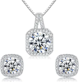 Cubic Zirconia Earrings and Necklace Set for Women 14K White Gold Plated Bridesmaid Jewelry Set for Women Silver Pendant Necklace Hypoallergenic Stud Earrings Set Jewellery Gift for Mom Wife Bride Bridesmaid