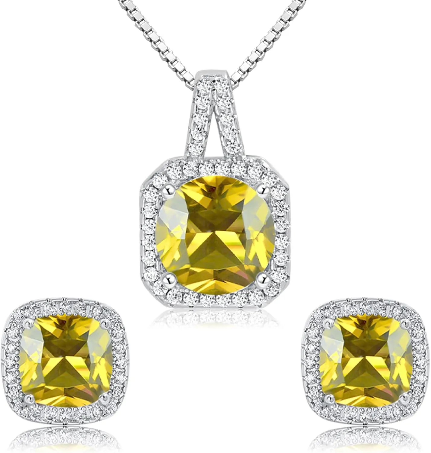 Cubic Zirconia Earrings and Necklace Set for Women 14K White Gold Plated Bridesmaid Jewelry Set for Women Silver Pendant Necklace Hypoallergenic Stud Earrings Set Jewellery Gift for Mom Wife Bride Bridesmaid