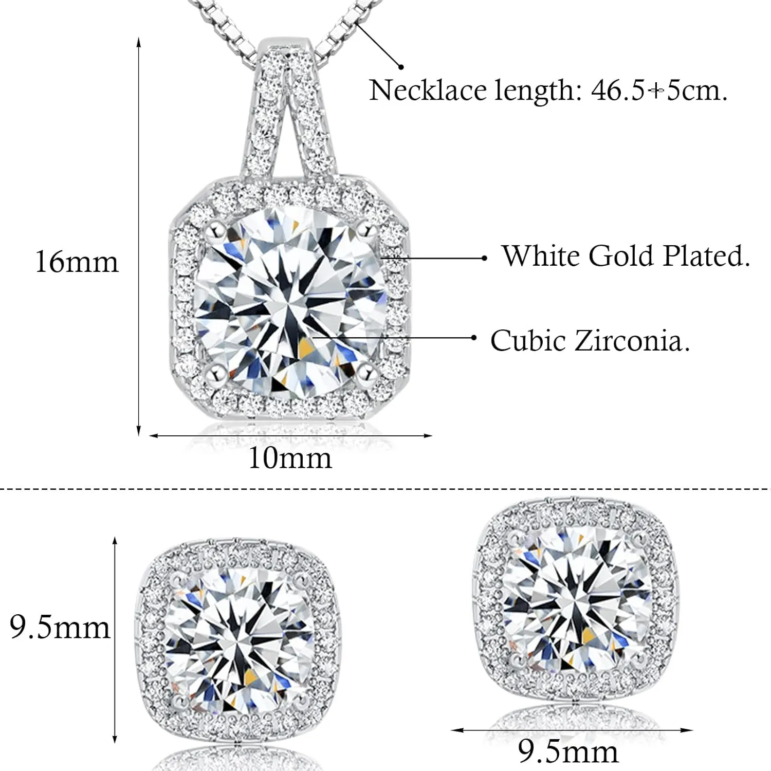 Cubic Zirconia Earrings and Necklace Set for Women 14K White Gold Plated Bridesmaid Jewelry Set for Women Silver Pendant Necklace Hypoallergenic Stud Earrings Set Jewellery Gift for Mom Wife Bride Bridesmaid