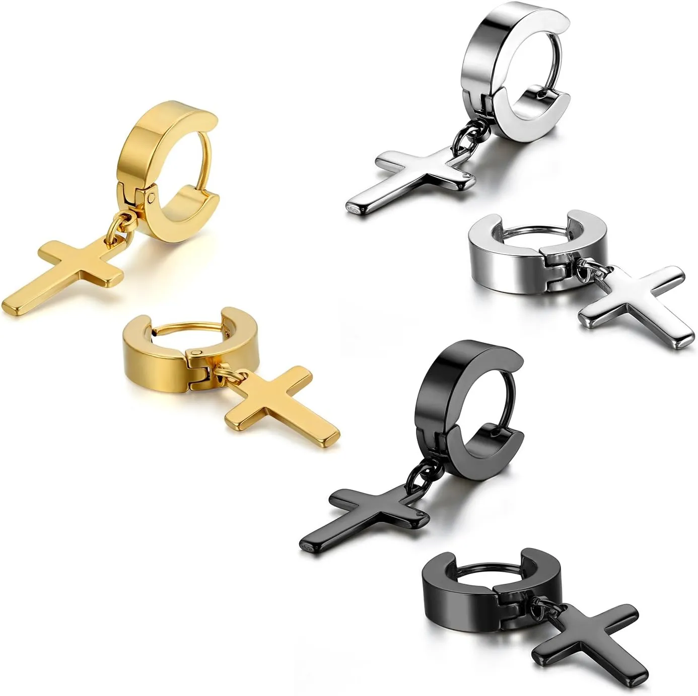 Cupimatch 3-6 Pairs Stainless Steel Cross Dangle Huggie Hinged Hoop Earrings for Men Women