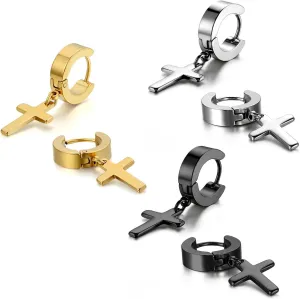 Cupimatch 3-6 Pairs Stainless Steel Cross Dangle Huggie Hinged Hoop Earrings for Men Women