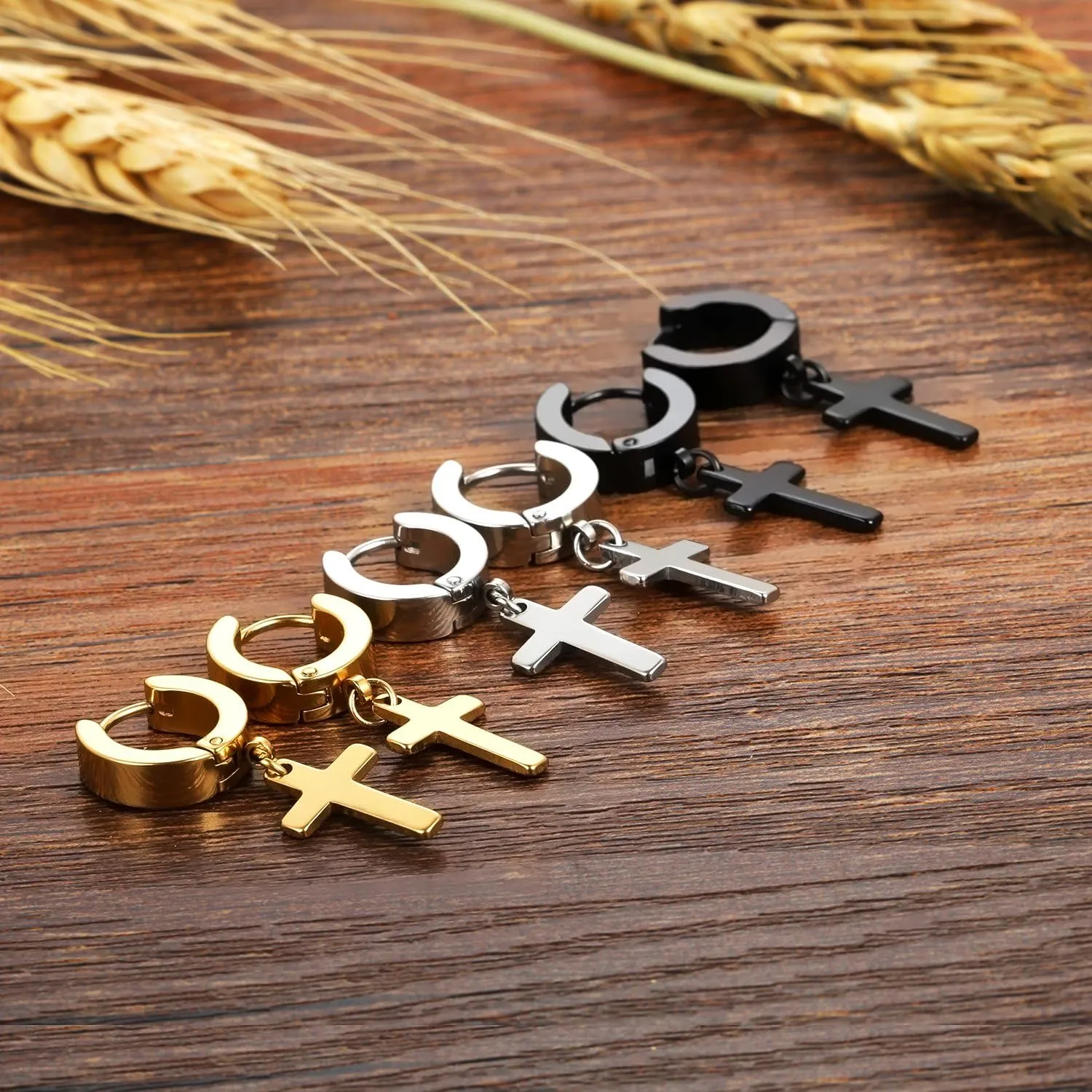 Cupimatch 3-6 Pairs Stainless Steel Cross Dangle Huggie Hinged Hoop Earrings for Men Women