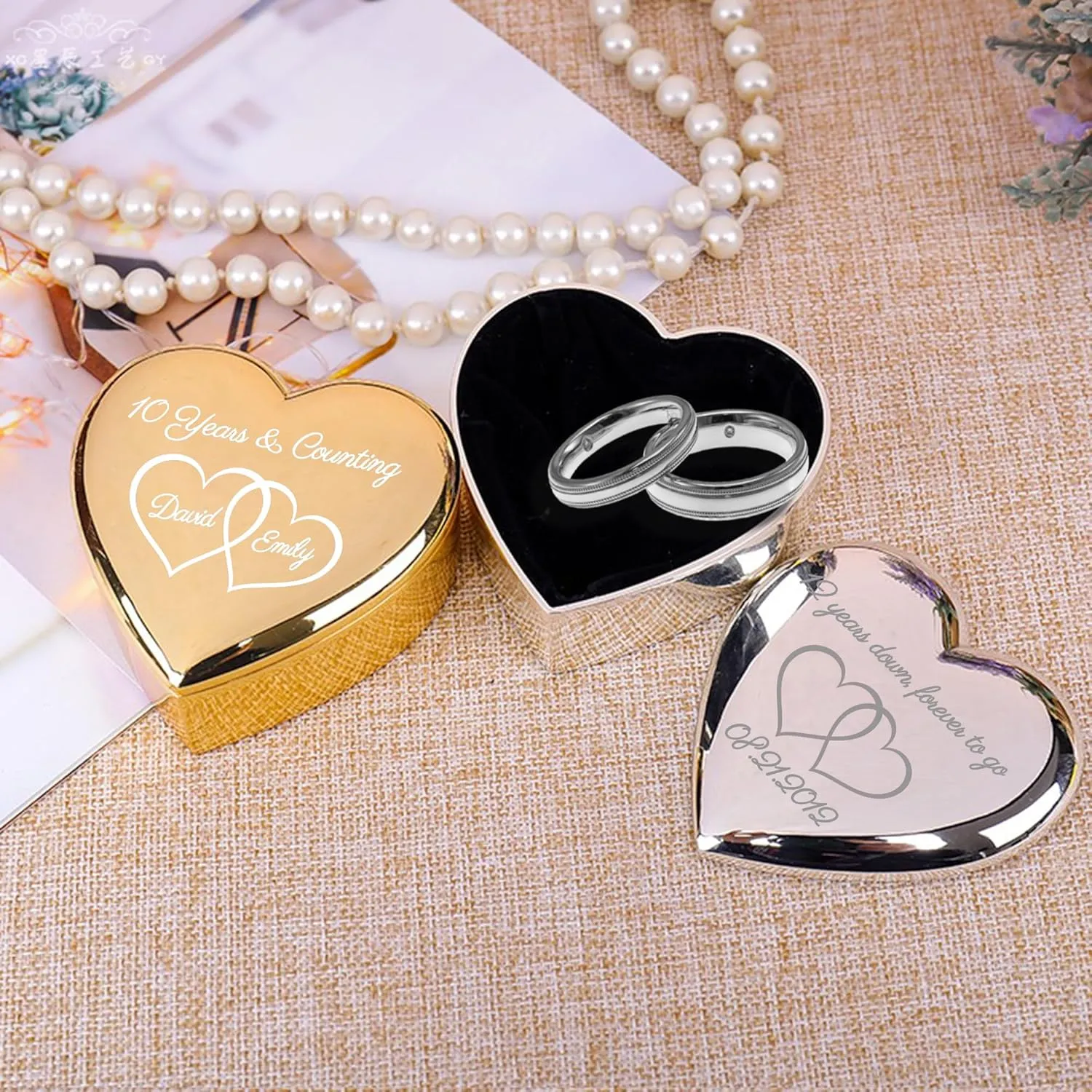 Custom Heart-Shaped Ring Box Personalized with Own Message, Customized Jewelry Keepsake Gifts for Women Men Couple on Wedding Engagement Anniversary, Rings Bearer Holder Display Case for Newlyweds