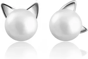 Cute Cat Stud Earrings, Hypoallergenic Small Pearl Earrings for Women Silver