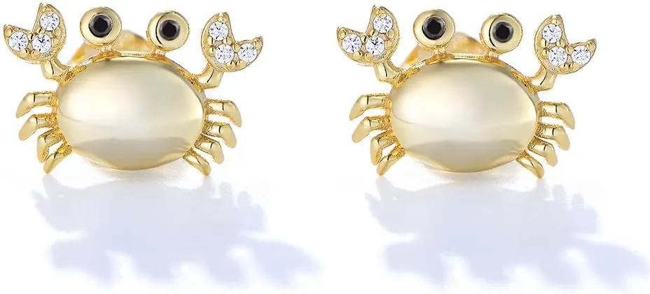 Cute Crab Tiny Small Stud Earrings for Women Cartilage Hypoallergenic 925 Sterling Silver Crystal Cubic Zirconia Sea Ocean Animal Tragus Sleeper Studs Earring Dainty 14K Golden Plated Jewelry Gifts Birthday Christmas