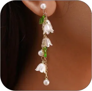 Cute Lily Of The Valley Earrings Fairy Flower Jewelry for Women, Statement White Flower Pearl Long Tassel Dangle Earrings Idyllic Holiday Leaf Earrings