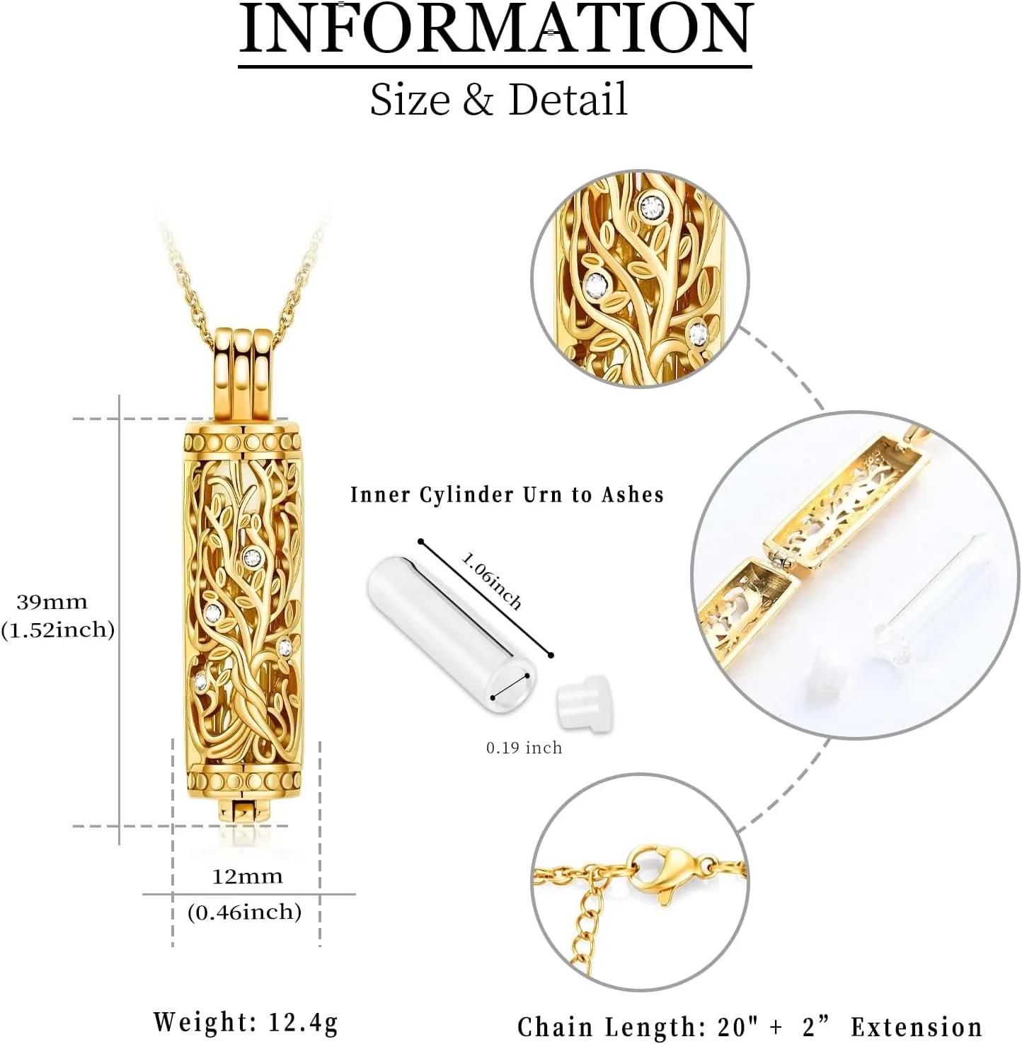 Cylinder Bar Cremation Jewelry Tree of Life Urn Ashes Necklace for Women Men Stainless Steel Vial Cremation Ash Pendant Holder Loved One's Ashes Keepsake Memorial Jewelry