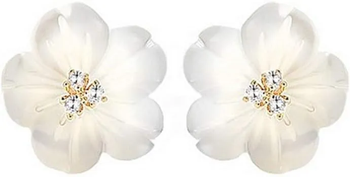 CZ Shell Pearl Flower Stud Earrings for Women Girls 925 Sterling Silver 14k Gold Plated Hypoallergenic Crystal Cute Small Floral Statement Cartilage Tragus Post Fashion Birthday Wedding Jewelry