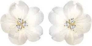 CZ Shell Pearl Flower Stud Earrings for Women Girls 925 Sterling Silver 14k Gold Plated Hypoallergenic Crystal Cute Small Floral Statement Cartilage Tragus Post Fashion Birthday Wedding Jewelry