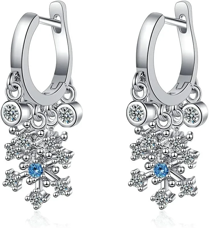 Dainty Blue CZ Snowflake Christmas Dangle Hoop Earrings for Women Teen Girls Cartilage Cute Shiny Crystal Dangling Hypoallergenic Studs Post For Sensitive Ears Huggie Hoops Fashion Jewelry Gifts for